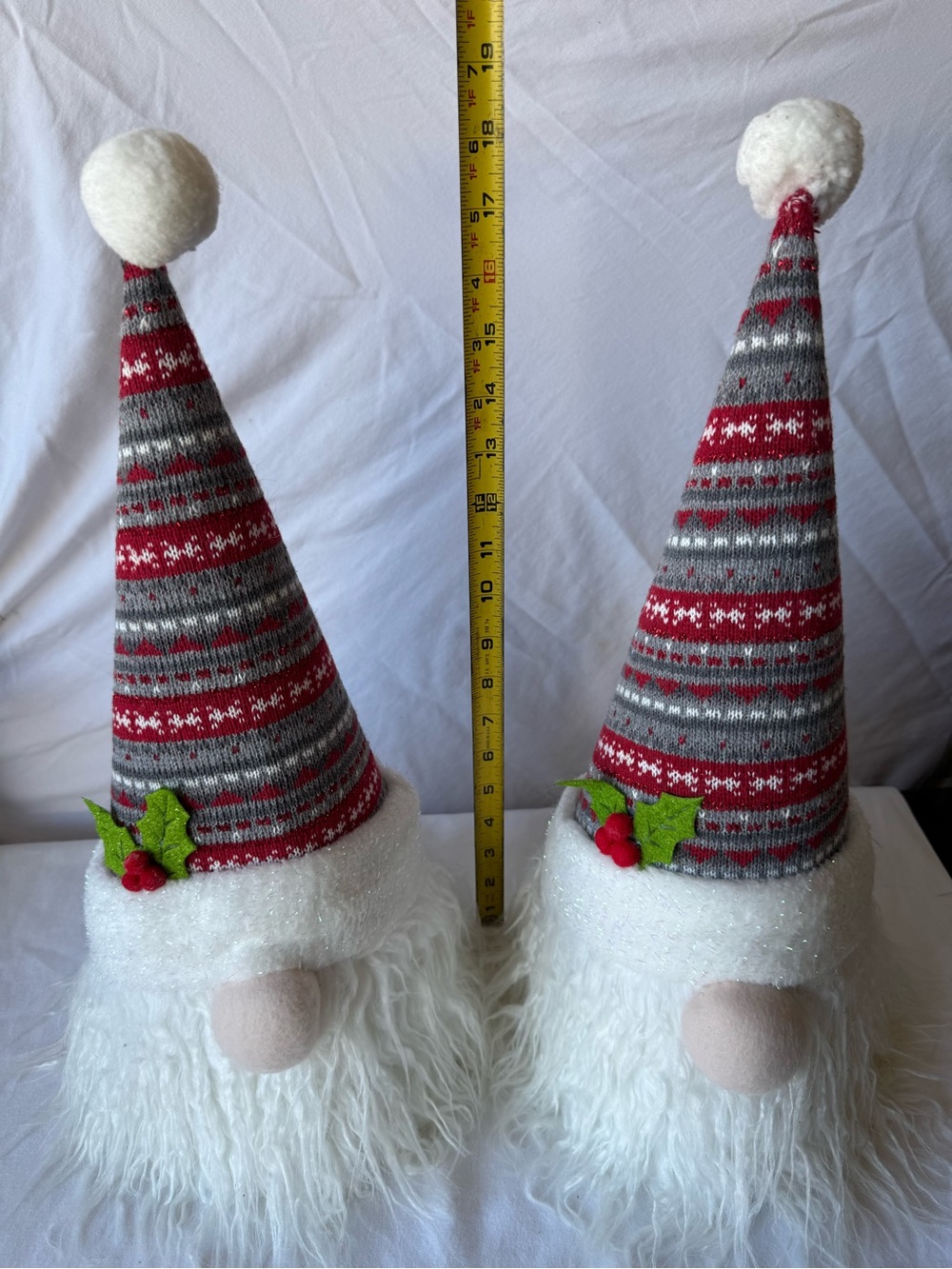 Holiday Gnome Pair with Red and Gray Knit Hats - Set of 2 Christmas Holiday Gnom
